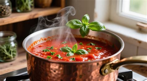 A close-up of tomato sauce simmering in a pot with a bay leaf