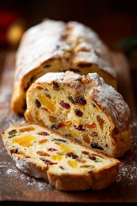 Photo of a beautifully decorated Christmas fruit bread, possibly with marzipan or dough decorations.