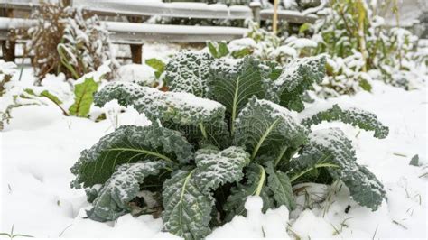 Thematic photo of a healthy head of kale in a snowy garden