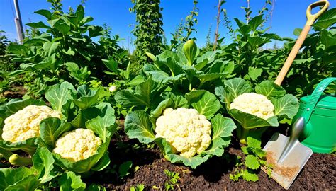 Thematic photo of a large, healthy cauliflower head in a garden