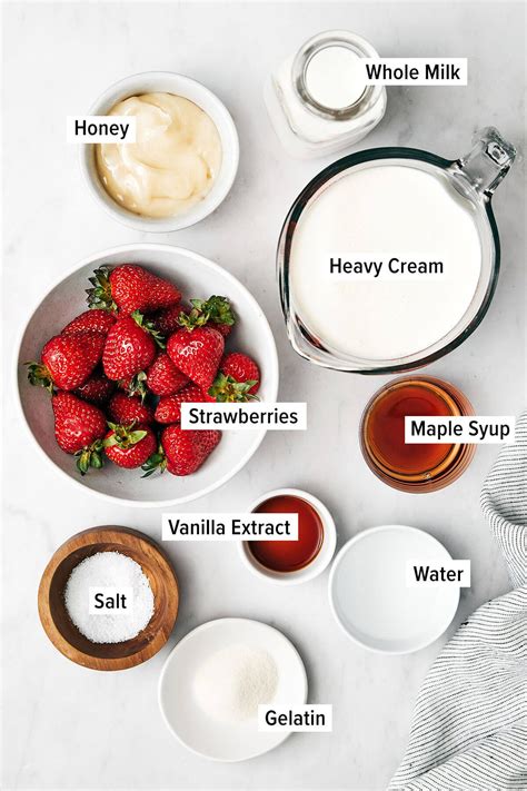 Infographic showing the ingredients for panna cotta, raspberry topping, and optional biscuit base