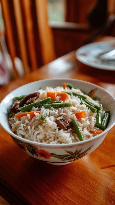 A bowl of ready-to-eat rice with green beans and carrots