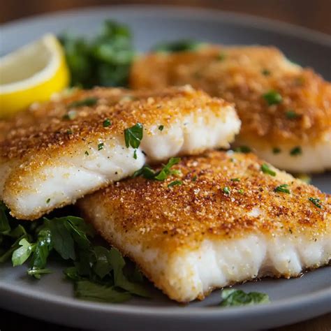A pan-fried fish fillet with crispy skin, served on a plate