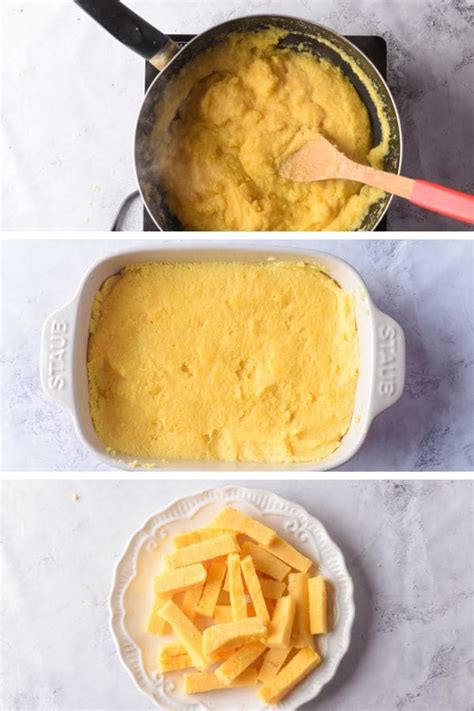 The process of spreading polenta evenly in a baking dish