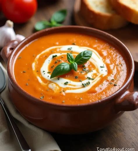 The final dish: a bowl of smooth tomato cream soup, garnished with garlic cream, basil leaves, and croutons.