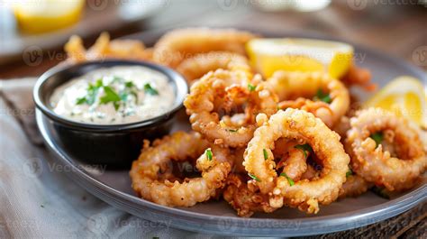 Thematic photo of fried calamari on a plate with lemon and tartar sauce