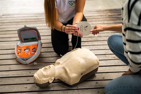 Infografika, ki prikazuje postopek oživljanja na lutki in uporabo AED naprave.