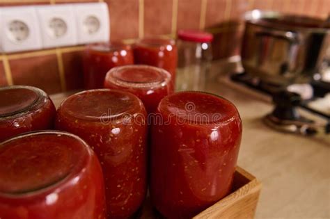 Close-up of freshly sterilized canning jars