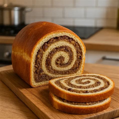 Photo of a traditional Slovenian potica, sliced to show filling