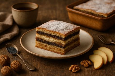 Cross-section of Prekmurska gibanica showing its layers