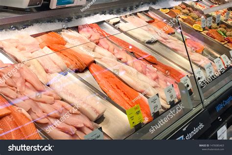 Thematic photo of fresh fish and seafood display in Lidl's fish market