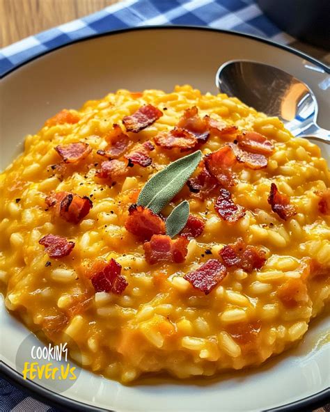 Thematic photo of a finished pumpkin risotto with squid and shrimp