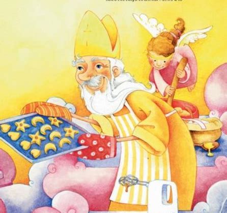 Tematska ilustracija: Miklavž peče piškote v nebesni kuhinji