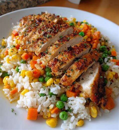 Overhead view of chicken and rice with colorful vegetables baked in foil