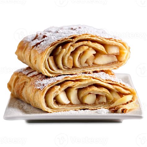 Photo of an apple strudel with powdered sugar