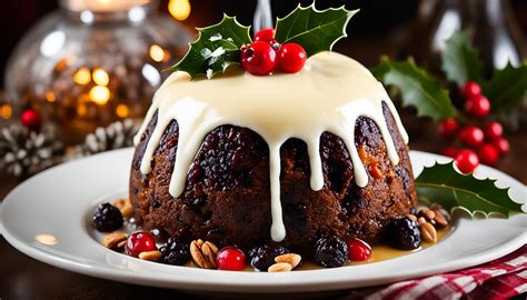 The finished, decorated English Christmas Pudding on a serving plate