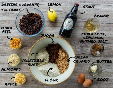 Ingredients for Christmas Pudding, including dried fruits, spices, and suet