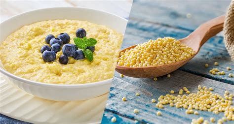 Assortment of millet porridge dishes with various fruits and toppings