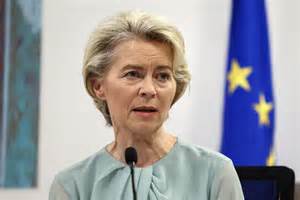 Karikatura ali ilustracija, ki prikazuje Ursulo von der Leyen v kontekstu evropske politike in kritičnih ocen njenega vodenja