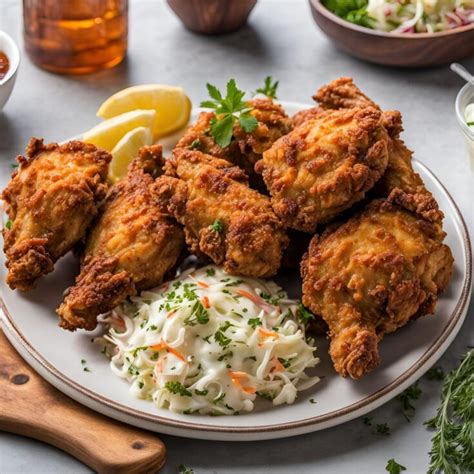 Thematic photo of a perfectly fried chicken on a plate with side dishes