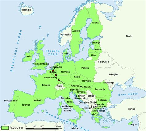 Zemljevid Evropske unije z označenimi državami Slovenija, Hrvaška, Avstrija in Nemčija