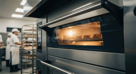 Thematic photo of a professional bakery oven in operation, with baked goods inside