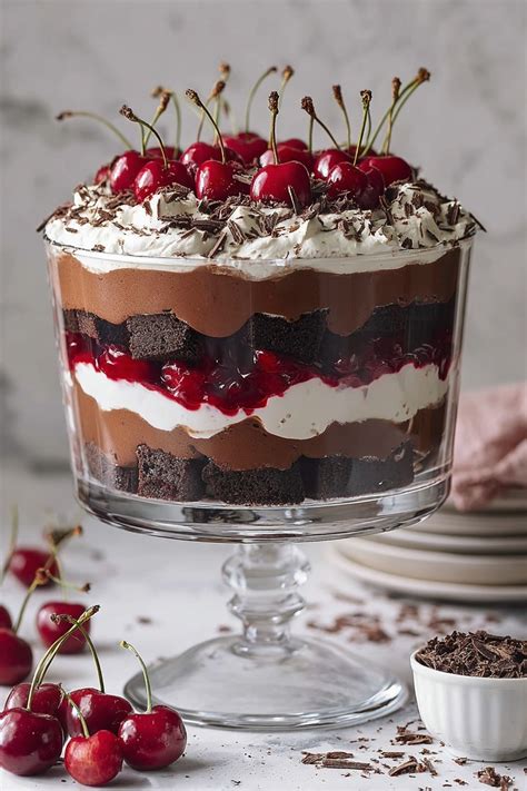 Thematic photo of cherry and chocolate dessert in a glass with layers