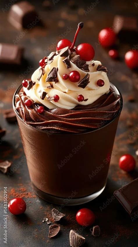 Close-up photo of a beautifully decorated cherry and chocolate dessert in a glass