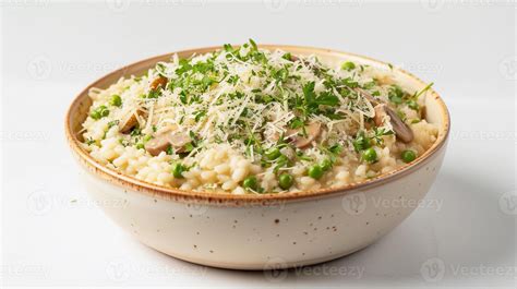 A plate of creamy pea risotto garnished with fresh herbs and parmesan cheese.