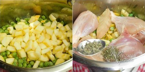 narezana zelenjava in piščančje meso v loncu