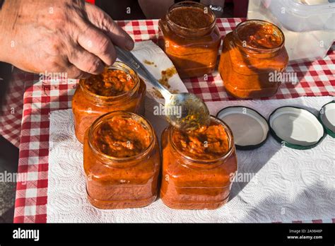 Photo of freshly filled ajvar jars