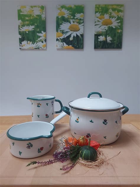 Infografika, ki prikazuje prednosti emajlirane posode: naraven material, brez škodljivih premazov, primerna za alergike, enakomerno segrevanje.