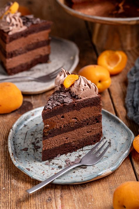 Fotografija sočne čokoladne torte z marelično marmelado