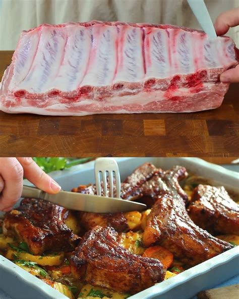 Photo of pork ribs with honey glaze and roasted vegetables