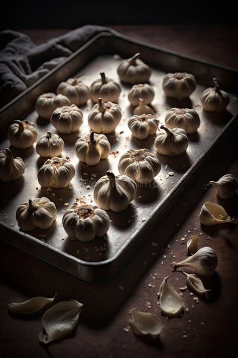 Infographic of garlic cloves and herbs on a baking tray