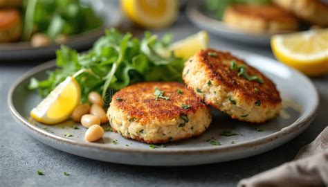 Photo of tuna patties served with lemon wedges and a side salad
