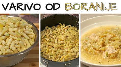 Infografika: Prikaz korakov priprave boranije, od praženja čebule do končnega dušenja zelenjave.