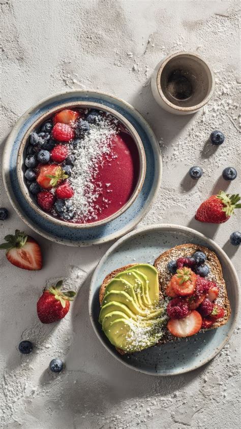 Tematska fotografija: Acai bowl in avokadov toast na sončni terasi Tinke