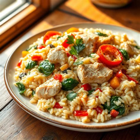 Thematic photo of a juicy chicken and vegetable risotto