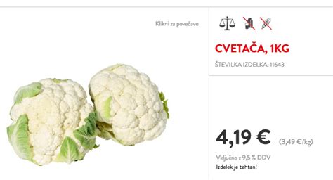 Tabela s hranilno vrednostjo zelja in cvetače