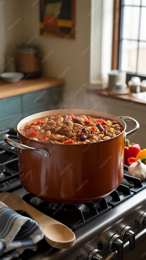 Thematic photo of a large pot of pasulj simmering on a stove
