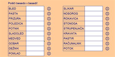 Zaslon igre Besedni Piknik, ki prikazuje črke za sestavljanje besed in prazna polja za besede