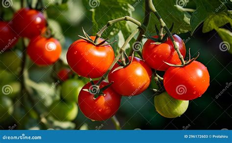 Thematic photo of ripe tomatoes on a vine in a garden
