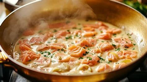 Creamy sauce simmering in a pan with herbs