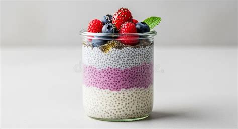 Multicolor fruits and chia seeds layered in a glass jar, creating a visually appealing dessert.