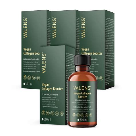 fotografija Valens Vegan Collagen Booster tekočine in njene embalaže