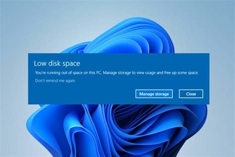 Thematic photo of a computer screen showing low disk space warning