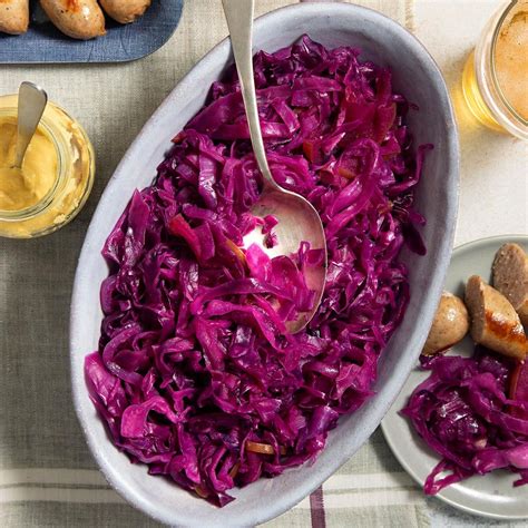 Thematic photo of stewed red cabbage with bacon and meat