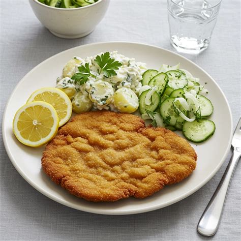 Photo of a classic Wiener Schnitzel with traditional Viennese potato salad