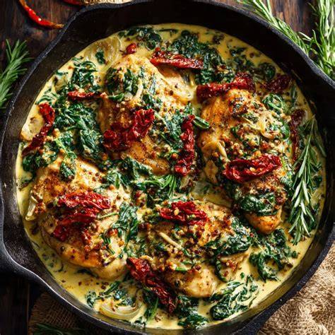 Photo of chicken in cream sauce with spinach and sun-dried tomatoes